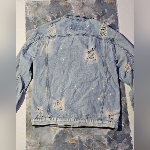 Rolling Paper men's distressed denim jean jacket light wash Piant Splat Size L - Picture 8 of 16